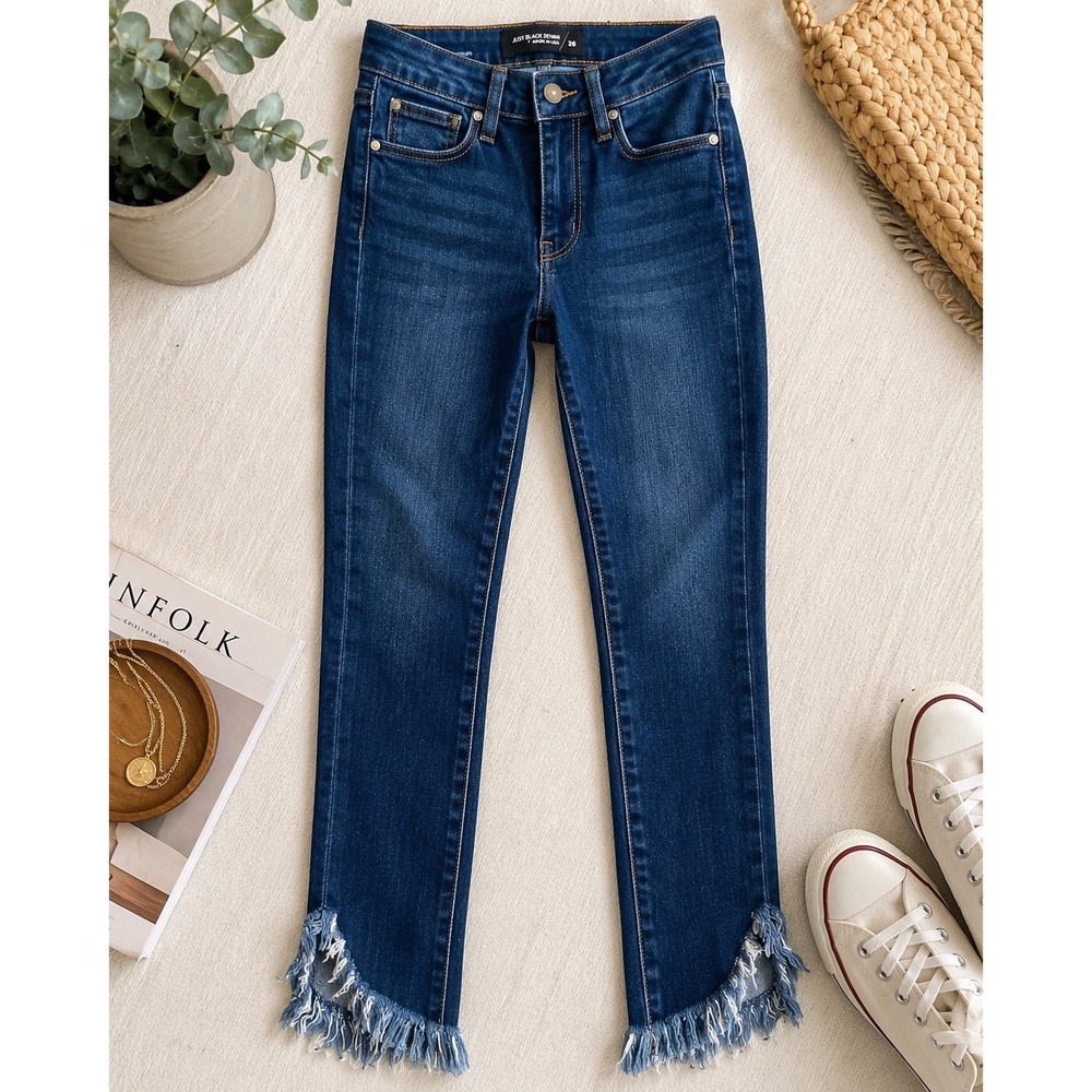 Just Black Denim Jeans 26 Made USA Skinny Raw Frayed Split Hem Dark Wash